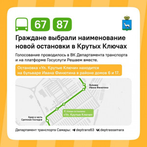 Самарцы выбрали наименование для новой автобусной остановки, расположенной в микрорайоне Крутые Ключи